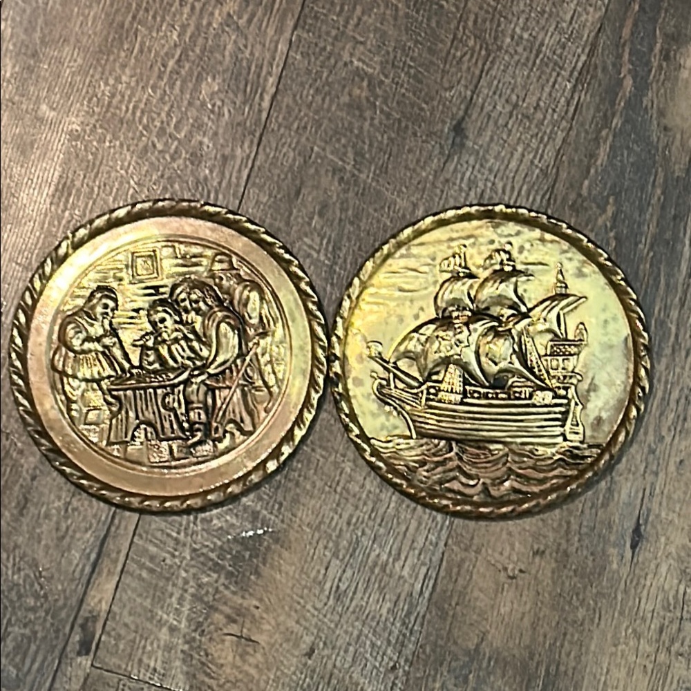 2 Vintage Peerage 6.25" Brass Wall Plate - Viking Ship & -‎ Made in England